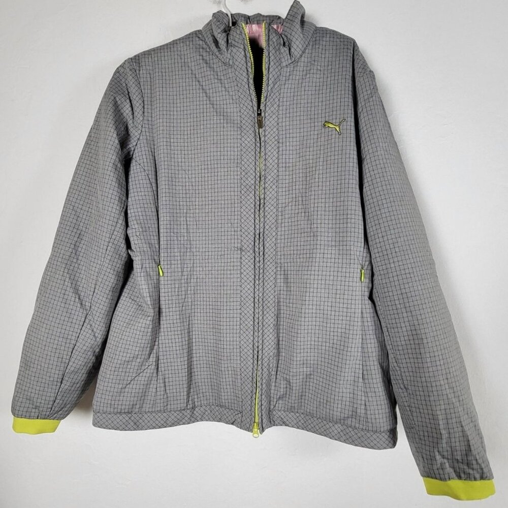 Puma Womens Gray & Yellow Checkered Full-Zip Jacket Size XL Lightweight Sports